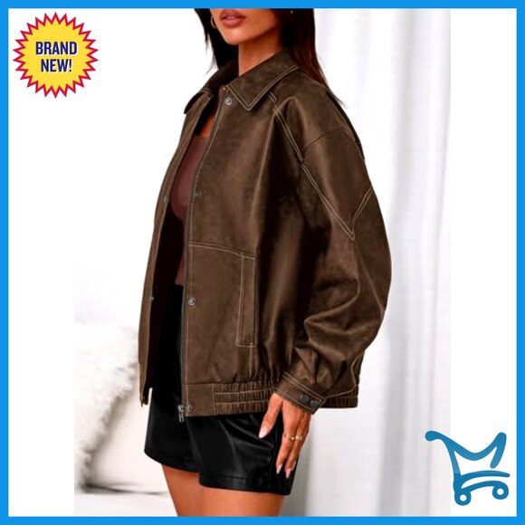 Faux Leather Jacket Oversized Moto Biker Retro Chic Winter Coat Women - Picture 3 of 7